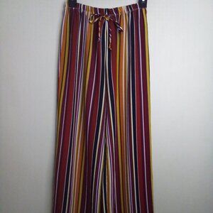 Arabella Pants Women L Wide Leg Elastic Waist Stripe Casual Red Yellow Orange